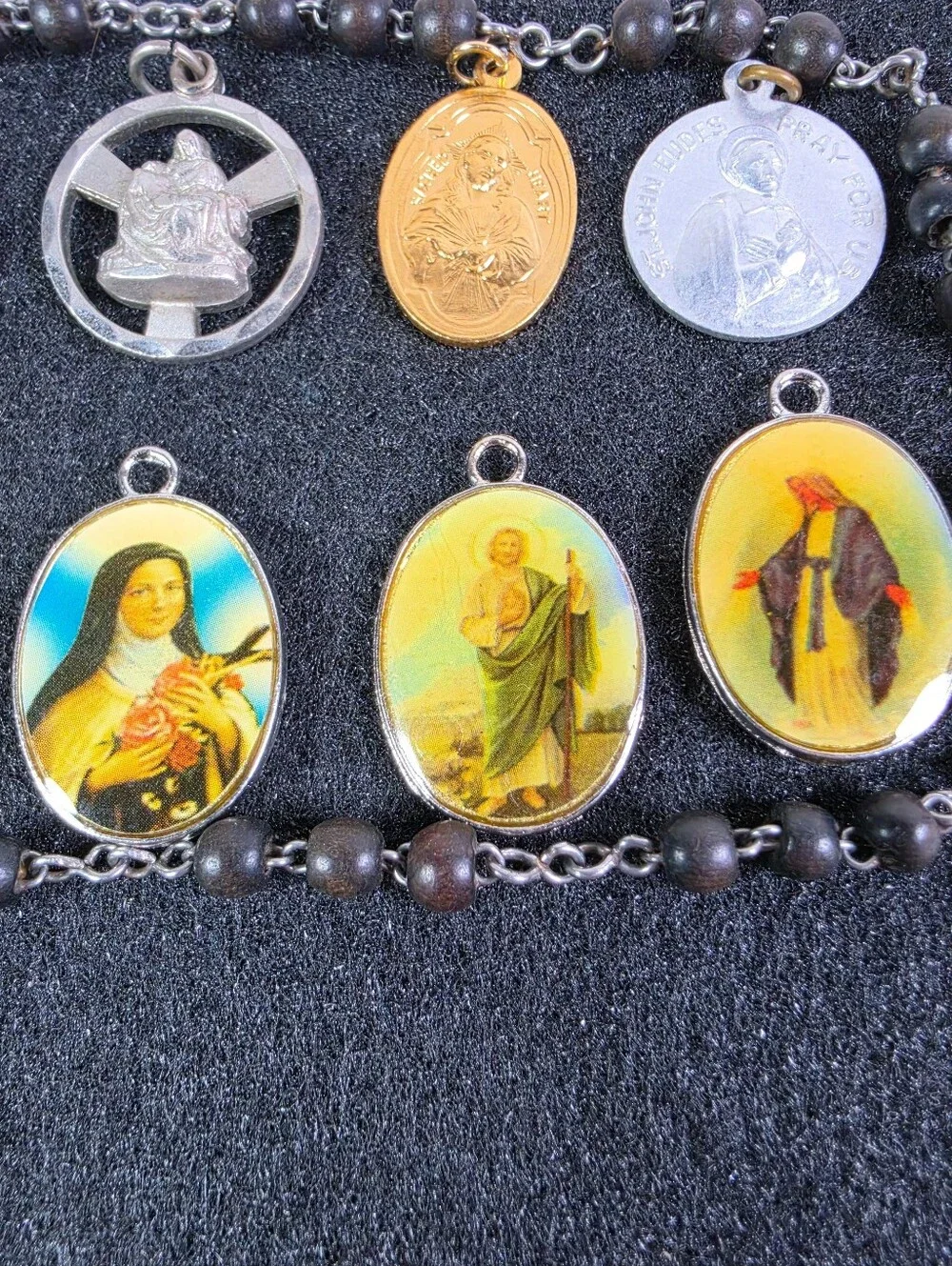 Religious Medal Rosary Necklace with Multi-Color Saint Medallions